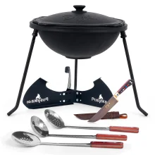 Kasan aus Gusseisen, Aluminiumdeckel, flacher Boden, Ø 36,7 cm, 10 l + Untersetzer + Dreibein + Küchenzubehör
