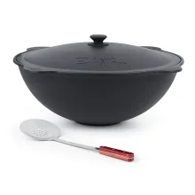 Set - Gusseisenkasan, Aluminiumdeckel, flacher Boden, 22 l, Ø 52,7 cm + Schaumlöffel 48 cm