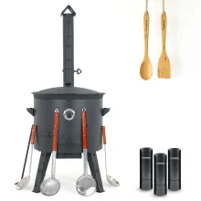Utschak Feuerofen Ø 49 cm + Gusseisen-Kasan 22 L, Ø 52,7 cm, runder Boden + Küchenzubehör, Usbekischer Kochtopf aus Gusseisen für Grill & Plov
