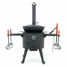 Utschak Feuerofen Ø 49 cm + Gusseisen-Kasan 22 L, flacher Boden + Küchenzubehör, Usbekischer Kochtopf aus Gusseisen