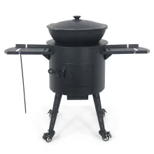 Utschak Feuerofen Ø 40 cm + Gusseisen-Kasan 12 L, runder Boden, Transportrollen, Ablagetische, Ofenplatte + Küchenzubehör, Usbekischer Kochtopf aus Gu