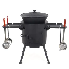 Utschak Feuerofen Ø 36 cm + Gusseisen-Kasan 10 L, flacher Boden, Ablagetische, Ofenplatte + Küchenzubehör, Usbekischer Kochtopf aus Gusseisen