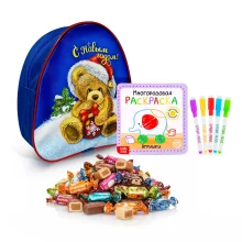 Geschenkrucksack mit Süßigkeiten und Malbuch - Mischutkas Freuden, 20 x 23 cm