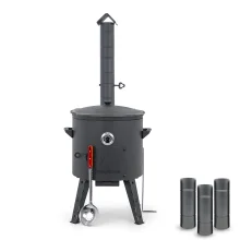 Utschak Feuerofen Ø 44 cm + Gusseisen-Kasan 16 l, Ø 46,5 cm, runder Boden + Küchenzubehör, Usbekischer Kochtopf aus Gusseisen