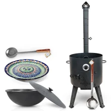  Set - Feuerofen KazanoFF, 16 l, Ø 44 cm, Kasan aus Gusseisen, runder Boden, Ø 46,5 cm, 16 l, Thermometer, Lagan, MIX-Muster, Ø 37 cm + Schaumlöffel 2