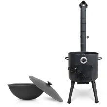 Set - Feuerofen- KazanoFF, für Kasan 12 Liter, Ø 40 cm + Thermometer + Gusseisenkasan, Aluminiumdeckel, runder Boden, Ø 42,5 cm, 12 l