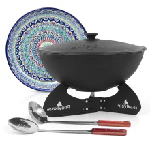 Kasan aus Gusseisen, Aluminiumdeckel, flacher Boden, Ø 46,5 cm, 16 l + Untersetzer + Lagan Ø 37 cm + Küchenzubehör