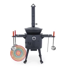 Utschak Feuerofen Ø 40 cm + Gusseisen-Kasan 12 L, flacher Boden + Küchenzubehör, Usbekischer Kochtopf aus Gusseisen