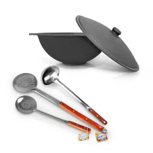 Set - Gusseisenkasan, Aluminiumdeckel, flacher Boden, 22 l, Ø 52,7 cm + Schaumlöffel: 2 Stk. + Schöpfkelle