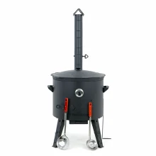 Utschak Feuerofen Ø 49 cm + Gusseisen-Kasan 22 L, Ø 52,7 cm, runder Boden + Küchenzubehör, Usbekischer Kochtopf aus Gusseisen