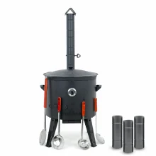 Utschak Feuerofen Ø 49 cm + Gusseisen-Kasan 22 L, runder Boden + Küchenzubehör, Usbekischer Kochtopf aus Gusseisen