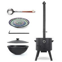 Set - Feuerofen - KasanoFF, Ø 49 cm + Gusseisenkasan, flacher Boden, 22 l, Ø 52,7 cm + Thermometer + Rohrverlängerung + Lagan MIX, Ø 42 cm + Schaumlöf