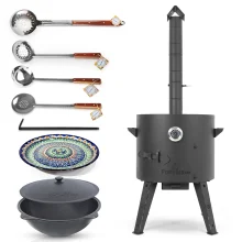 Set - Feuerofen - KasanoFF, 16 l, Ø 44 cm + Thermometer + Gusseisenkasan, runder Boden, Ø 46,5 cm, 16 l + Lagan MIX, Ø 37 cm + Schaumlöffel: 3 Stk. + 