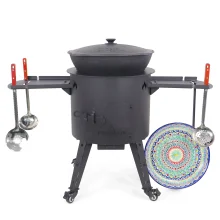 Учаг печь Ø 44 см + чугунный казан 16 л, плоское дно, колёса, столики, плита + кухонные принадлежности, узбекский чугунный казан для гриля и плова