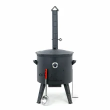 Utschak Feuerofen Ø 49 cm + Gusseisen-Kasan 22 L, Ø 52,7 cm, flacher Boden + Küchenzubehör, Usbekischer Kochtopf aus Gusseisen