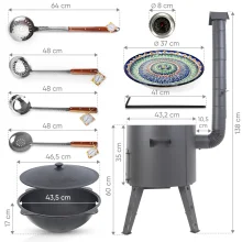 Utschak Feuerofen Ø 44 cm + Gusseisen-Kasan 16 l, Ø 46,5 cm, runder Boden + Küchenzubehör, Usbekischer Kochtopf aus Gusseisen