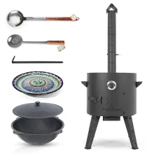  Set - Feuerofen KazanoFF, 16 l, Ø 44 cm, Kasan aus Gusseisen, runder Boden, Ø 46,5 cm, 16 l, Thermometer, Lagan, MIX-Muster, Ø 37 cm + Schaumlöffel 2