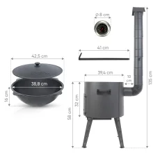 Utschak Feuerofen Ø 40 cm + Gusseisen-Kasan 12 L, Ø 42,5 cm, runder Boden + Küchenzubehör, Usbekischer Kochtopf aus Gusseisen