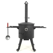 Set - Feuerofen mit Rohr Ø 44 cm + Kasan flacher Boden, Ø 46,5 cm, 16 L+ Thermometer + Rollen: 4St + Ablagetisch: 2 St + Schaumlöffel + Griff + Zahnst