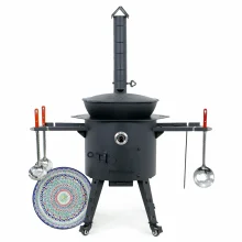 Utschak Feuerofen Ø 44 cm + Gusseisen-Kasan 16 l, Ø 46,5 cm, flacher Boden + Küchenzubehör, Usbekischer Kochtopf aus Gusseisen