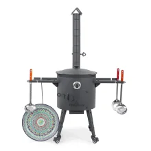 Utschak Feuerofen Ø 40 cm + Gusseisen-Kasan 12 L, flacher Boden + Küchenzubehör, Usbekischer Kochtopf aus Gusseisen