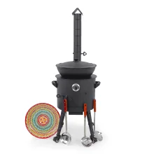 Utschak Feuerofen Ø 40 cm + Gusseisen-Kasan 12 L, runder Boden + Küchenzubehör, Usbekischer Kochtopf aus Gusseisen