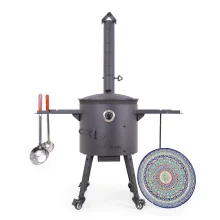 Utschak Feuerofen Ø 40 cm + Gusseisen-Kasan 12 L, runder Boden + Küchenzubehör, Usbekischer Kochtopf aus Gusseisen