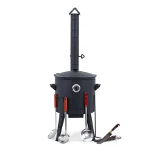 Utschak Feuerofen Ø 40 cm + Gusseisen-Kasan 12 L, runder Boden + Küchenzubehör, Usbekischer Kochtopf aus Gusseisen