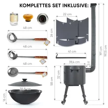 Utschak Feuerofen Ø 40 cm + Gusseisen-Kasan 12 L, flacher Boden + Küchenzubehör, Usbekischer Kochtopf aus Gusseisen