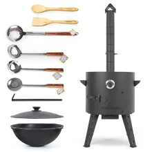 Set - Feueroffen - KasanoFF, 16 Liter, Ø 44 cm + Gusseisenkasan, flacher Boden, Ø 46,5 cm, 16 l, Thermometer, Schaumlöffel: 3 Stk., Schöpfkelle, Löffe