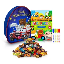 Geschenkrucksack mit Süßigkeiten und Malbuch - Freunde im Auto, 20 x 23 cm