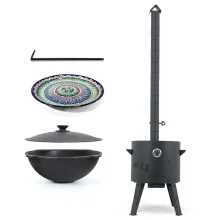 Set - Feuerofen - KasanoFF, 16 Liter, Ø 44 cm + Rohrverlängerung + Gusseisenkasan, flacher Boden, Ø 46,5 cm, 16 l + Thermometer + Lagan MIX-Muster, Ø 