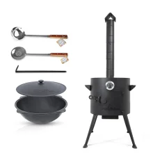 Set - Feuerofen- KazanoFF, für Kasan10 Liter, Ø 36 cm + Thermometer + Gusseisenkasan, runder Boden, Ø 38,5 cm, 10 l + Schöpfkelle + Schaumlöffel