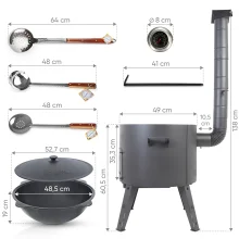 Utschak Feuerofen Ø 49 cm + Gusseisen-Kasan 22 L, Ø 52,7 cm, runder Boden + Küchenzubehör, Usbekischer Kochtopf aus Gusseisen für Grill & Plov