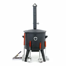 Utschak Feuerofen Ø 49 cm + Gusseisen-Kasan 22 L, Ø 52,7 cm, runder Boden + Küchenzubehör, Usbekischer Kochtopf aus Gusseisen