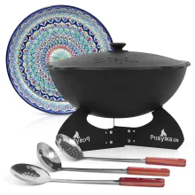 Kasan aus Gusseisen, Aluminiumdeckel, runder Boden, Ø 46,5 cm, 16 l + Ständer + Lagan Ø 37 cm + Küchenutensilien