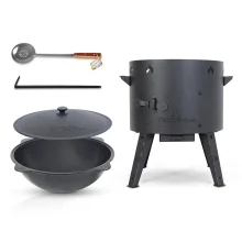  Set - Feuerofen - KazanOFF, für Kasan 22 Liter, Ø 49 cm + Gusseisenkasan, Aluminiumdeckel, runder Boden, 22 l, Ø 52,7 cm + Schaumlöffel für Plow