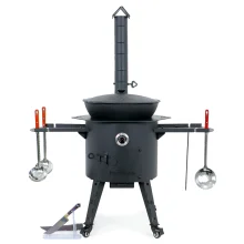 Utschak Feuerofen Ø 44 cm + Gusseisen-Kasan 16 l, Ø 46,5 cm, flacher Boden + Küchenzubehör, Usbekischer Kochtopf aus Gusseisen