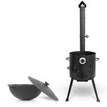 Set - Feuerofen - KasanoFF, für Kasan 10 Liter, Ø 36 cm + Gusseisenkasan, Aluminiumdeckel, runder Boden, Ø 38,5 cm, 10 l + Thermometer