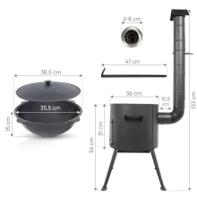 Utschak Feuerofen Ø 36 cm + Gusseisen-Kasan 10 L, Ø38,5 cm, runder Boden, Usbekischer Kochtopf aus Gusseisen für Grill & Plov