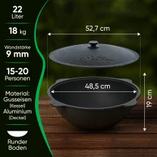 Kasan aus Gusseisen, Aluminiumdeckel, runder Boden, 22 l, Ø 52,7 cm