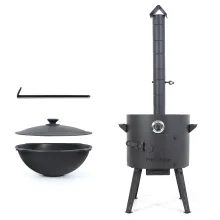 Set - Feuerofen - KasanoFF, für Kasan 12 Liter, Ø 40 cm + Thermometer + Gusseisenkasan, Aluminiumdeckel, flacher Boden, Ø 42,5 cm, 12 l