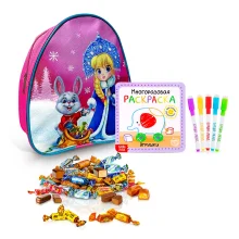 Geschenkrucksack mit Süßigkeiten und Malbuch - Schneemädchen, 20 x 23 cm