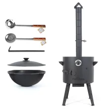 Set - Feuerofen - KasanoFF, 12 Liter, Ø 40 cm, Thermometer, Gusseisenkasan mit Deckel, flacher Boden, Ø 42,5 cm, 12 l, Schaumlöffel 48 cm, Schöpfkelle