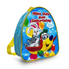 Rucksack für Kinder - Alles Gute zum Geburtstag! Katze und Hase im Flugzeug, Textil, türkise Farbe, 20 x 23 cm