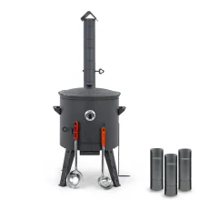 Utschak Feuerofen Ø 44 cm + Gusseisen-Kasan 16 l, Ø 46,5 cm, runder Boden + Küchenzubehör, Usbekischer Kochtopf aus Gusseisen