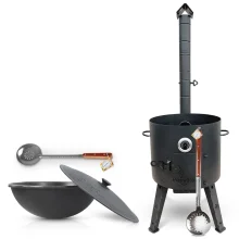 Set - Feuerofen- KazanoFF, für Kasan 16 Liter, Ø 44 cm + Gusseisenkasan, runder Boden, Ø 46,5 cm, 16 l + Thermometer + Schaumlöffel: 2 Stk.