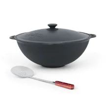 Set - Kasan aus Gusseisen, Aluminiumdeckel, flacher Boden,  Ø 42,5 cm, 12 l + Schaumlöffel, 48 cm
