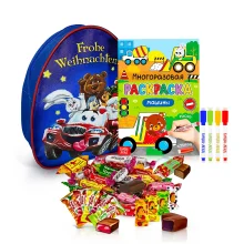 Geschenkrucksack mit Süßigkeiten und Malbuch - Freunde im Auto, 20 x 23 cm