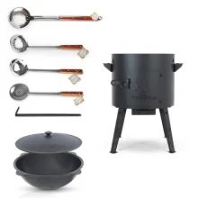 Set - Feuerofen - KasanoFF, 12 Liter, Ø 40 cm + Gusseisenkasan, runder Boden, Ø 42,5 cm, 12 l + Schaumlöffel: 2 Stk. + Schöpfkelle + Spachtel aus Holz